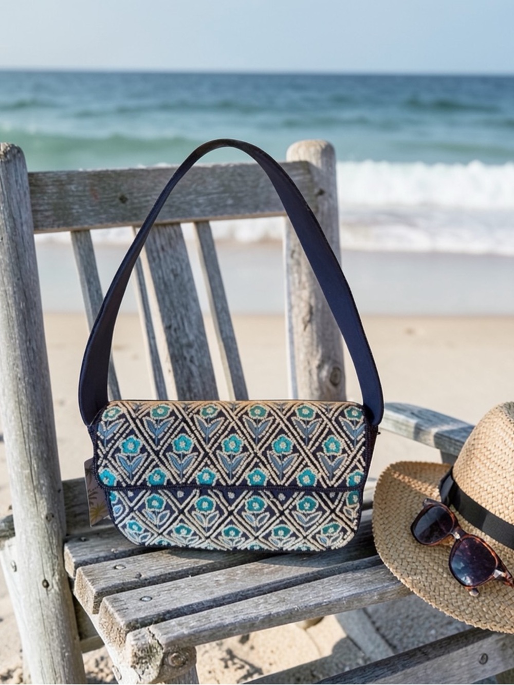 America & Beyond Blue and White Flower Patterned Beaded Bag